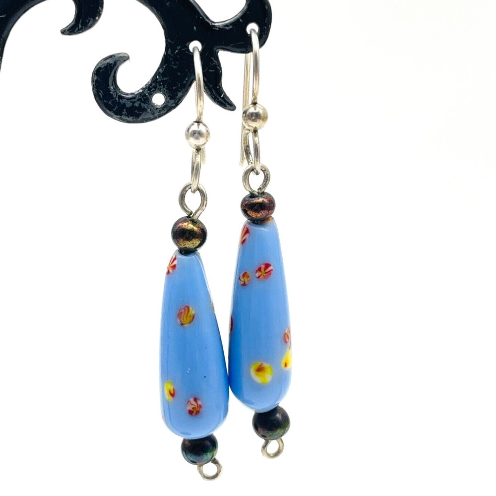 Blue Glass Dangle Earrings Silver Tone Painted Accents Boho Festival Party